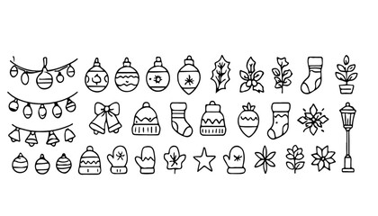 A collection of christmas themed doodle icons featuring ornaments, bells, and winter foliage in line art style