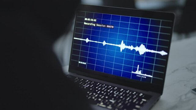 Hacker or spy listening to wiretapping or audio voice recording on laptop. Person spying using wiretap or secret surveillance technology. Spyware with sound waveform. Evidence gathering by secret taps