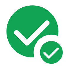 A green check mark inside a green circle, another smaller green circle with a check mark on the bottom right, white background