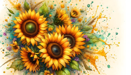 sunflowers in sun Original watercolor painting of sunflower flowers, beautiful sunflowers flowers on canvas. Modern Impressionism. Impasto artwork. A bright artistic illustration with sunflowers