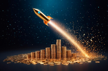 Rocket Launches from Coin Stack in Financial Growth Concept. Generative AI.