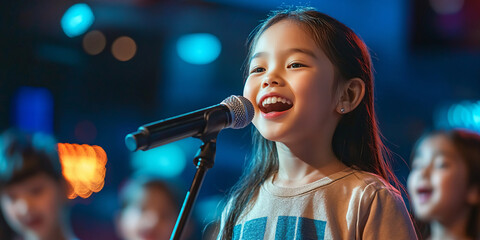 A young girl passionately sings into a microphone on stage, showcasing her talent and love for music.