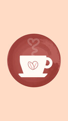 white cup of cofee,on maroon,bej backgraund.Watercolor style,coffe beans.Vector Illustration
