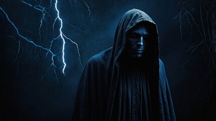 Dark figure shrouded in a hooded cloak against a stormy backdrop