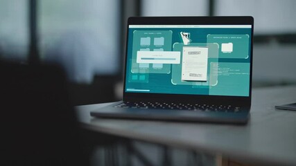 Cybersecurity secret files uploaded and copied with remote access into server. Security breach of government agency classified information archive. Laptop computer with malware stealing files - Powered by Adobe