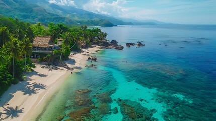 A secluded tropical beach with coconut trees, colorful coral reefs, and crystal-clear water