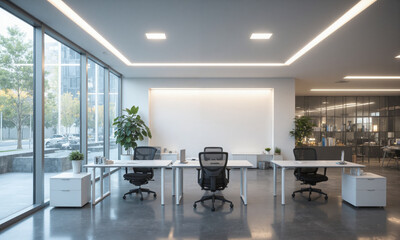 Modern corporate office with minimalist glass desks, ergonomic seating, and metal shelving. Integrated lighting systems provide balanced illumination, with adjustable task lighting over