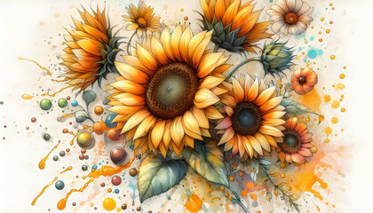 sunflowers in sun Original watercolor painting of sunflower flowers, beautiful sunflowers flowers on canvas. Modern Impressionism. Impasto artwork. A bright artistic illustration with sunflowers