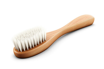 Natural wooden hairbrush with soft bristles on a white isolated background.