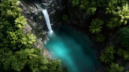 Wild nature landscape of canyon waterfall plunging into crystal pool surrounded tropical tree fern rocky wall viewed cinematic aerial view bright jungle custom background clear cut out isolated