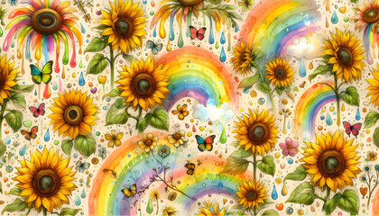 Sunflowers is an original watercolor painting depicting sunflower and rainbow flowers. beautiful sunflower flowers on canvas. Modern Impressionism.LGBT Pride Month. Vivid artistic 