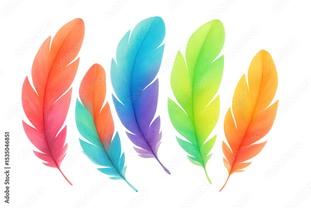 Poster five colorful feathers with gradient colors are isolated on transparent background, perfect for grap