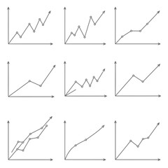 Collection of nine upward trending line graphs for business analytics representing growth and financial success as an icon set