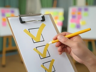 Hand Holding Yellow Pen Marking Checkboxes on Clipboard Document