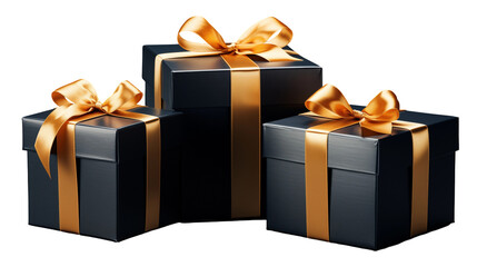 Black gift boxes with gold ribbons, luxury holiday presents, festive packaging, elegant celebration decor, isolated on transparent background.