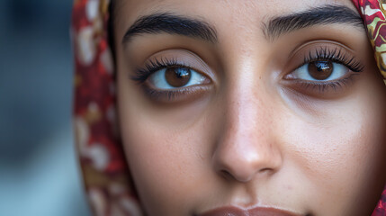 Close-up of a person wearing a patterned headscarf, focusing on their expressive eyes.