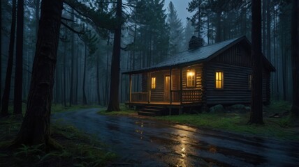 Cozy cabin in a misty forest at night
