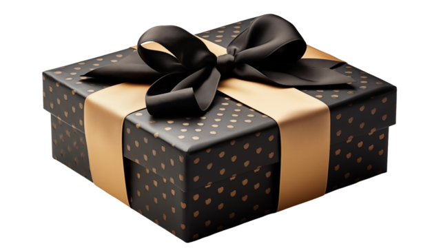 Black gift box with gold polka dots, luxury festive present, studio mockup, product packaging design, isolated on transparent background.