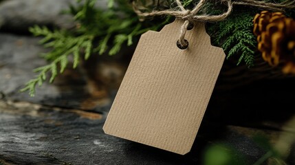 Blank Craft Tag on Natural Wooden Surface Surrounded by Greenery and Dried Flowers Ideal for Labels and Gift Wrapping