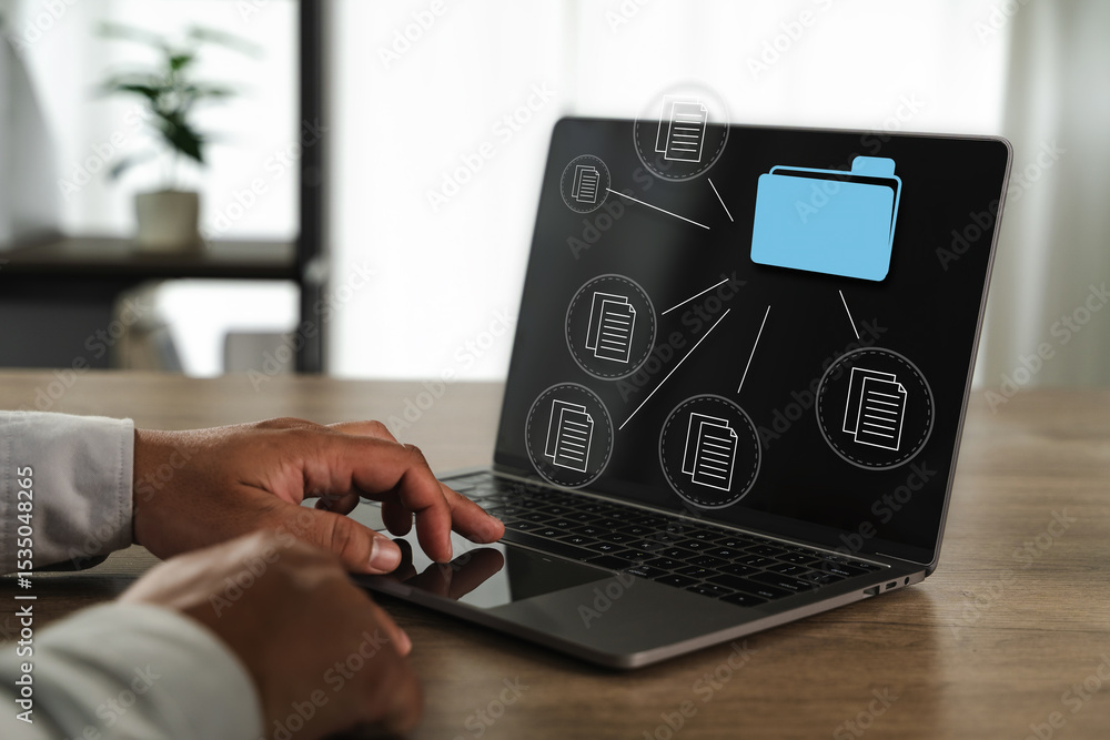 Aufkleber office files report document person working laptop with digital file icons and folder graphic screen