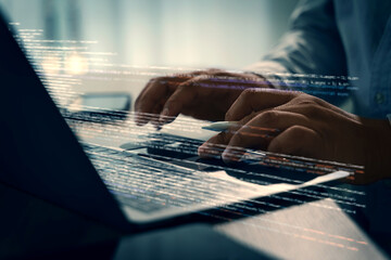 Programming code on representing person working laptop with digital code overlay, focusing...