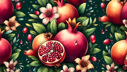 The pomegranate tree is an original watercolor painting depicting red ripe pomegranates and flowers. Beautiful pomegranate flowers on canvas. Modern Impressionism. Vivid artistic