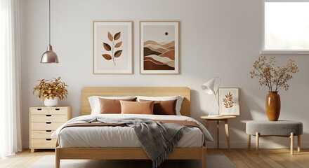 Fototapeta premium A clean and inviting bedroom features a large bed adorned with soft blankets and pillows