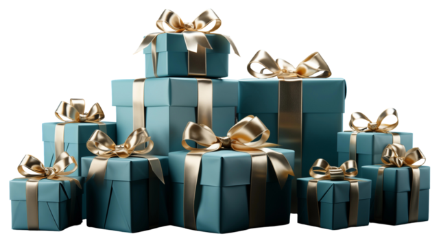 Teal gift boxes with gold ribbons, wrapped holiday presents, festive birthday surprise, luxury celebration, isolated on transparent background. - Powered by Adobe