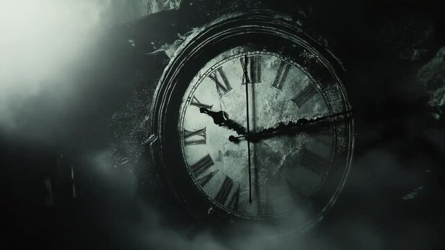 Broken Clock in Dark Room: A close-up shot of an antique clock, shattered and covered in dust, sits in a dark, mysterious room, shrouded in fog, creating a sense of mystery, suspense.