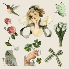 Trendy collage stickers set. Vector collection of torn newspaper, retro flower, butterfly stamp, rip notebook sheets, handwriting quotes, craft notepaper, old grunge paper. Retro elements for design
