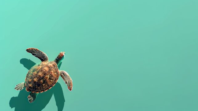 A sea turtle swims in turquoise water, casting a shadow.