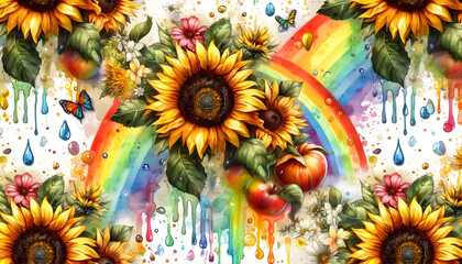 Sunflowers is an original watercolor painting depicting sunflower and rainbow flowers. beautiful sunflower flowers on canvas. Modern Impressionism.LGBT Pride Month. Vivid artistic 