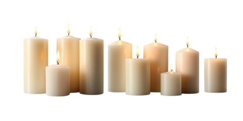 Set of pillar candles with flames illuminated, cut out