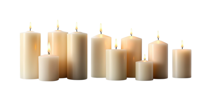 Set of pillar candles with flames illuminated, cut out