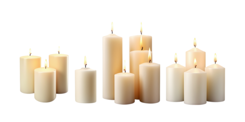 Set of pillar candles with flames illuminated, cut out