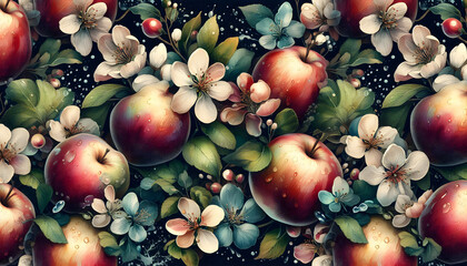 The bright and colorful pattern with apples of different colors on a dark background is suitable for wallpaper, textiles, packaging and web design.