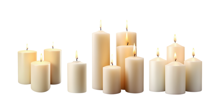 Set of pillar candles with flames illuminated, cut out - Powered by Adobe