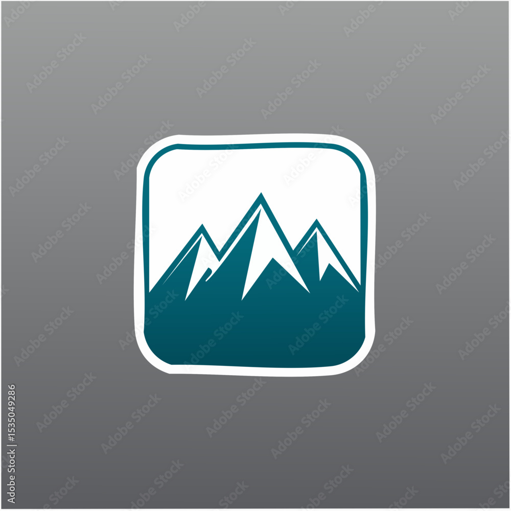 Poster a teal and white mountain range icon set within a rounded square on a gray backdrop.