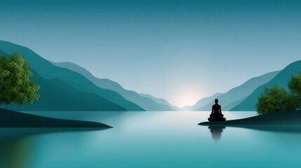 A serene figure meditating by a tranquil lake at sunrise.