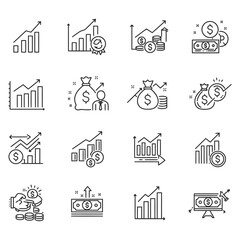 Financial growth and investment icons set featuring upward trend charts coins and money bags