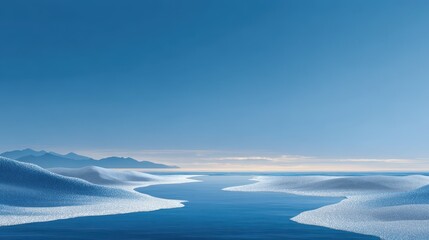 Serene blue landscape with icy formations and calm waters under a clear sky.