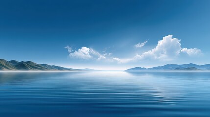 Serene blue seascape with gentle waves and distant mountains under a clear sky.