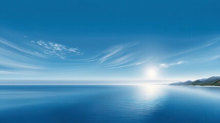 Serene ocean landscape with a bright sun and clear blue skies.