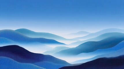 Serene blue mountain landscape with soft fog and layered hills.