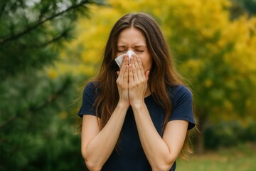 A woman outdoors sneezes and wipes her nose with a tissue, showing discomfort due to allergies or cold