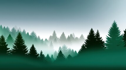Mysterious forest silhouette with layered evergreen trees and a foggy atmosphere.
