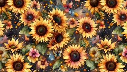 sunflowers in sun Original watercolor painting of sunflower flowers, beautiful sunflowers flowers on canvas. Modern Impressionism. Impasto artwork. A bright artistic illustration with sunflowers