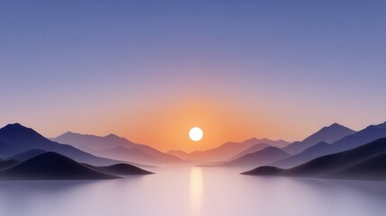 A serene sunset over tranquil mountains and water, evoking peace and calm.