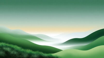 Serene landscape with rolling green hills and misty valleys at dawn.