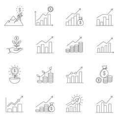 Investment and financial growth icons set depicting business success with charts graphs money bags and climbing person illustrations